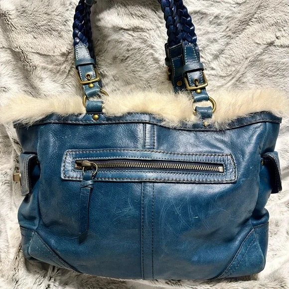 Coach Teal Leather Shoulder Bag with Cream Fur Trim - Picture 4 of 11